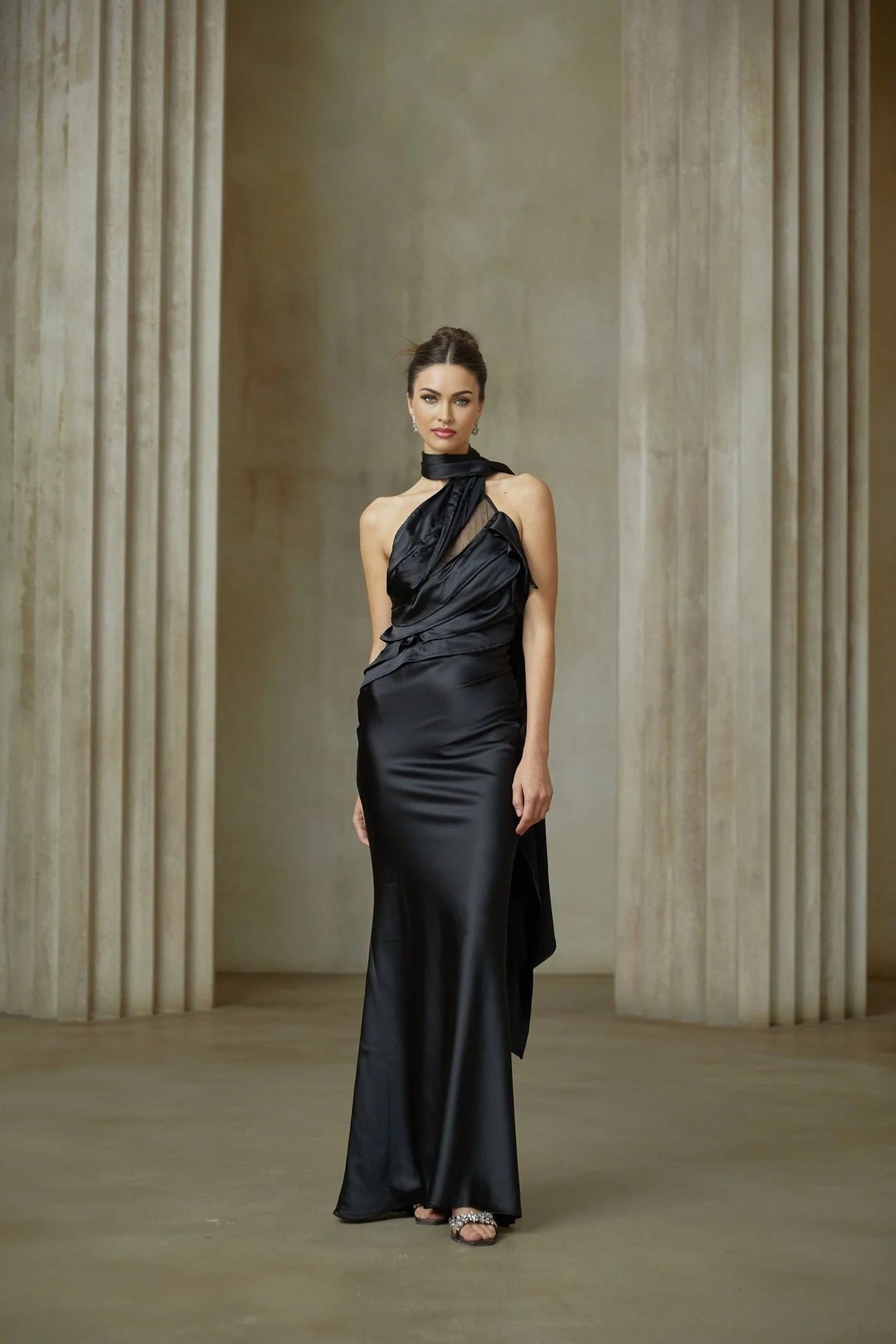 Juliana Maxi Dress - Black Ribbon Halter - neck Satin & Tulle Ruffle Trim
