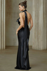 Juliana Maxi Dress - Black Ribbon Halter - neck Satin & Tulle Ruffle Trim