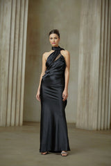 Juliana Maxi Dress - Black Ribbon Halter - neck Satin & Tulle Ruffle Trim