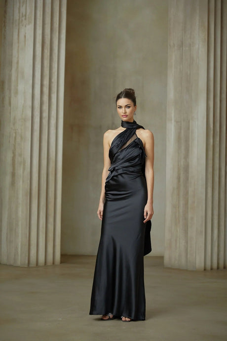 Juliana Maxi Dress - Black Ribbon Halter - neck Satin & Tulle Ruffle Trim