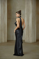 Juliana Maxi Dress - Black Ribbon Halter - neck Satin & Tulle Ruffle Trim
