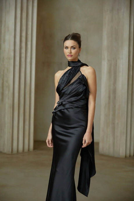 Juliana Maxi Dress - Black Ribbon Halter - neck Satin & Tulle Ruffle Trim