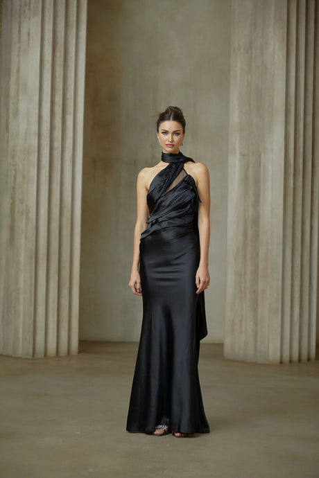 Juliana Maxi Dress - Black Ribbon Halter - neck Satin & Tulle Ruffle Trim