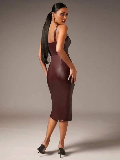 Julianna Midi Dress - Neckline Straps - Pencil Hem - Natural Waist - Cami Type - Backless Zipper