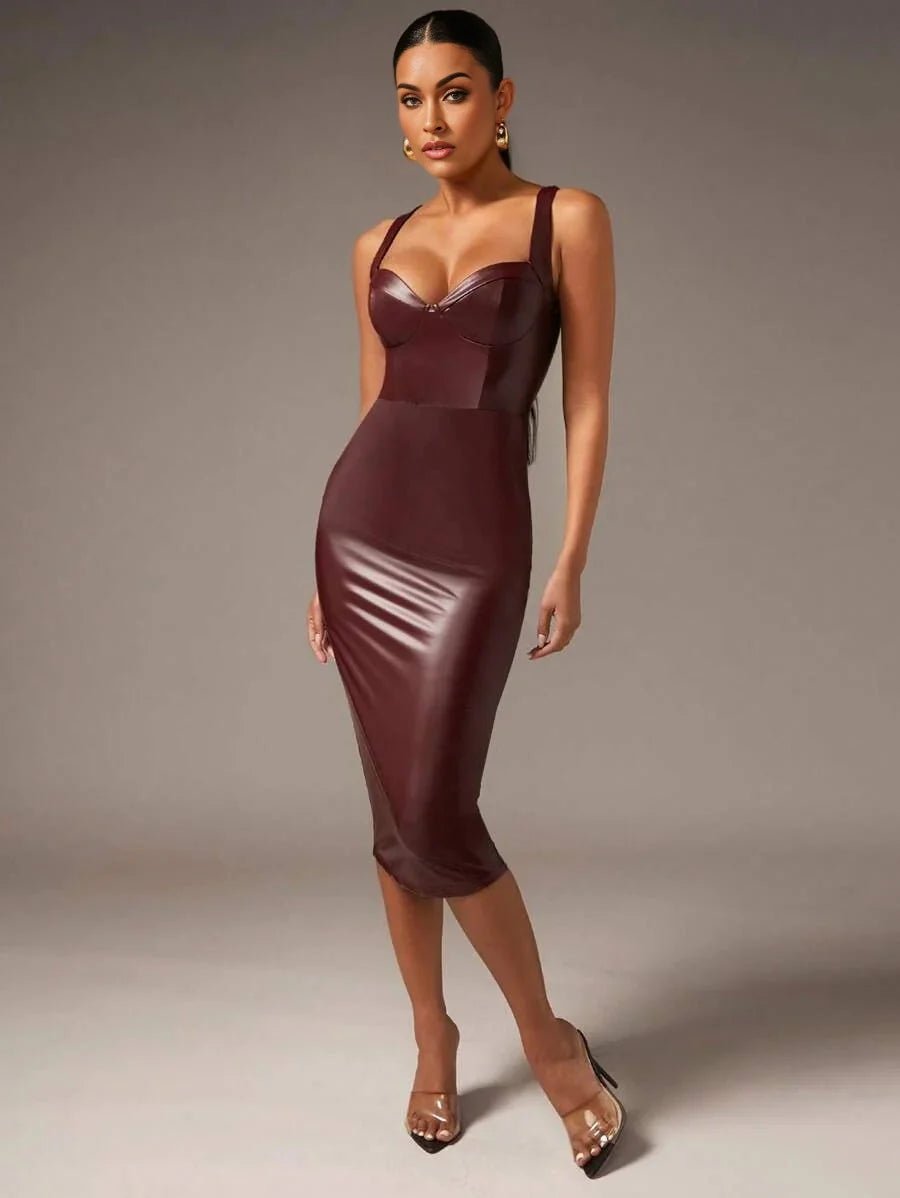 Julianna Midi Dress - Neckline Straps - Pencil Hem - Natural Waist - Cami Type - Backless Zipper