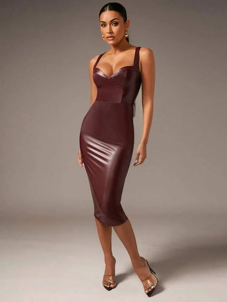 Julianna Midi Dress - Neckline Straps - Pencil Hem - Natural Waist - Cami Type - Backless Zipper