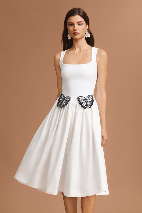 Julianna White Halter Neckline Square Collar Dress with Butterfly Detailing