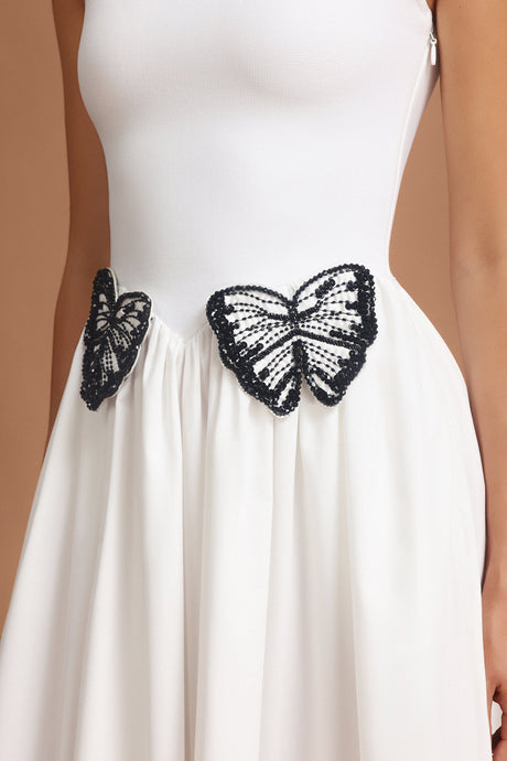 Julianna White Square Collar Halter Dress with Butterfly Detailing
