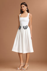 Julianna White Square Collar Halter Neckline Butterfly Detail Dress