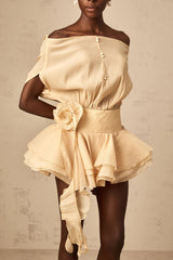 Juliet Mini Dress Floral - Appliqu Flounce Hem Neutrals
