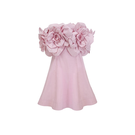 Juliette pink mini dress with offshoulder design and 3D petal details