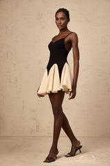 Justine mini dress featuring color blocking and godet pleated design with short sleeves and high neckline