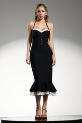 Kadence Black Halter Neck Lace Detail Dress