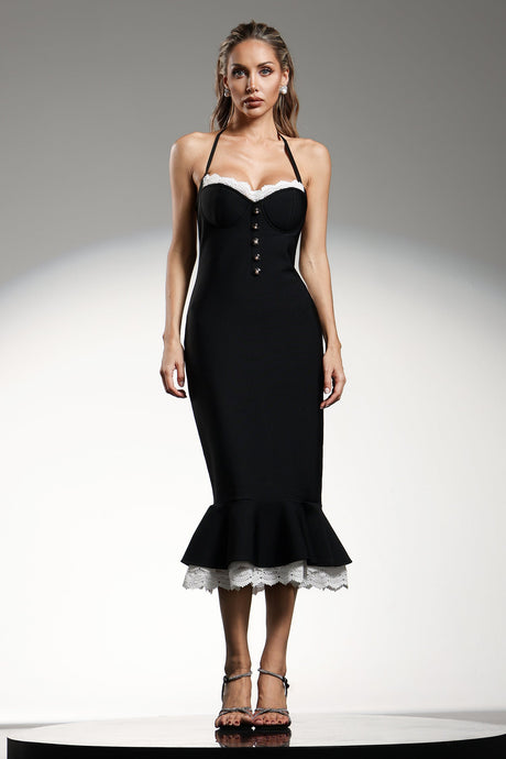 Kadence Black Halter Neck Lace Detail Dress