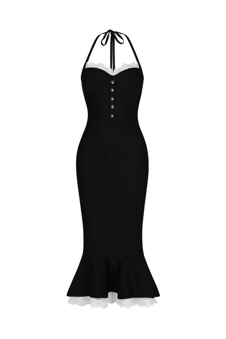 Kadence Black Halter Neckline Lace Detail Dress