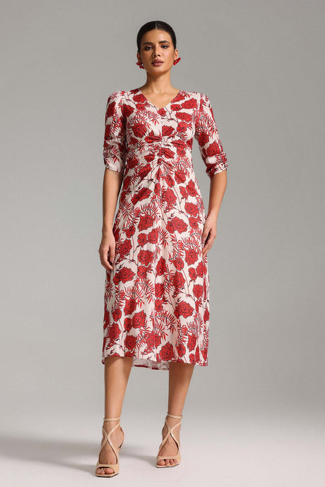 Kaitlin Red Floral Print V-Neckline Midi Dress Three-Quarter Sleeves Waist Cinching Lightweight Fabric Elegant Chic Style