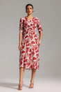Kaitlin Red Floral Print V-Neckline Midi Dress Three-Quarter Sleeves Waist Cinching Lightweight Fabric Elegant Chic Style