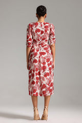 Kaitlin Red Floral Print V-Neckline Midi Dress