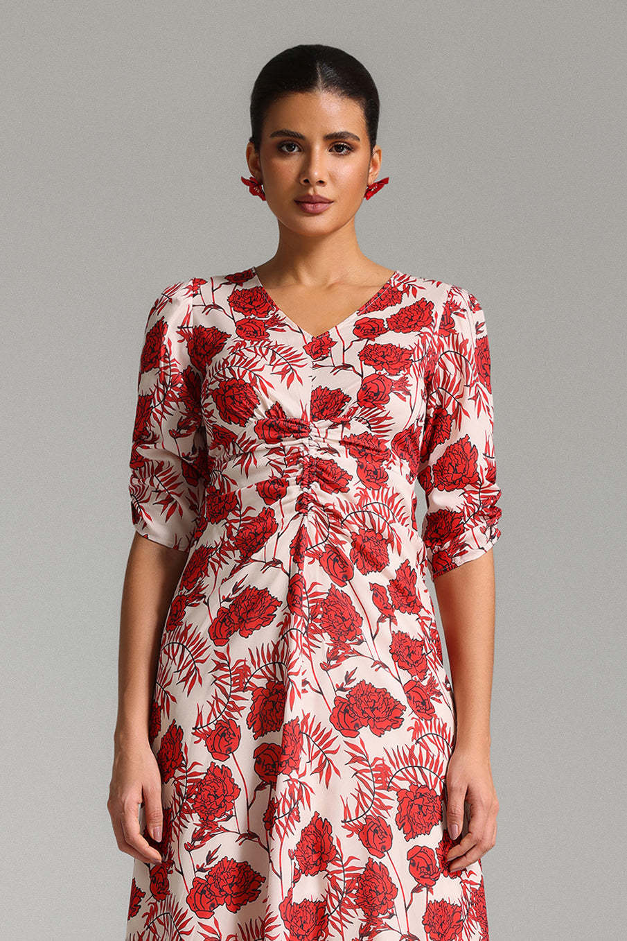 Kaitlin Red Floral Print V-Neck Midi Dress with Three-Quarter Sleeves