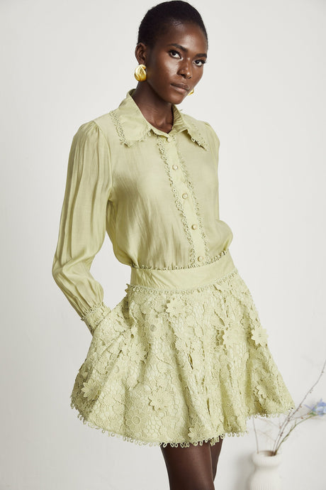 Kaitlin Shirt & Skirt Green Floral Embroidered Set