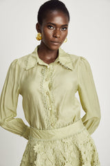 Kaitlin Shirt & Skirt Green Floral Embroidered Set