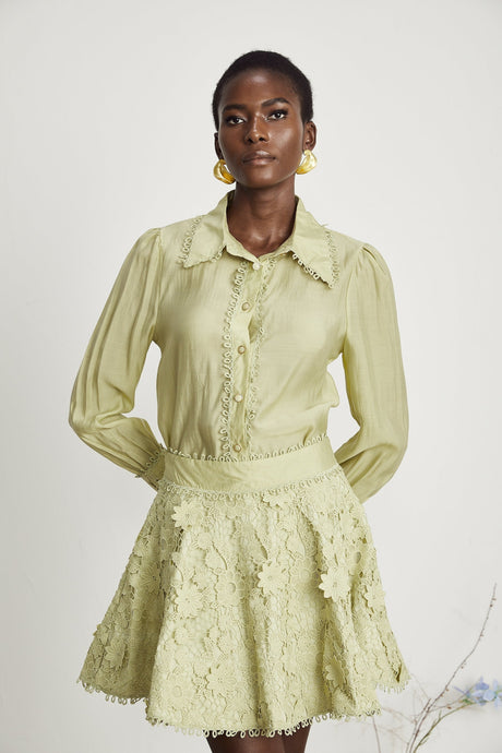 Kaitlin Shirt & Skirt - Lapels - Long Sleeves - Floral Embroidered - Fringe Trim