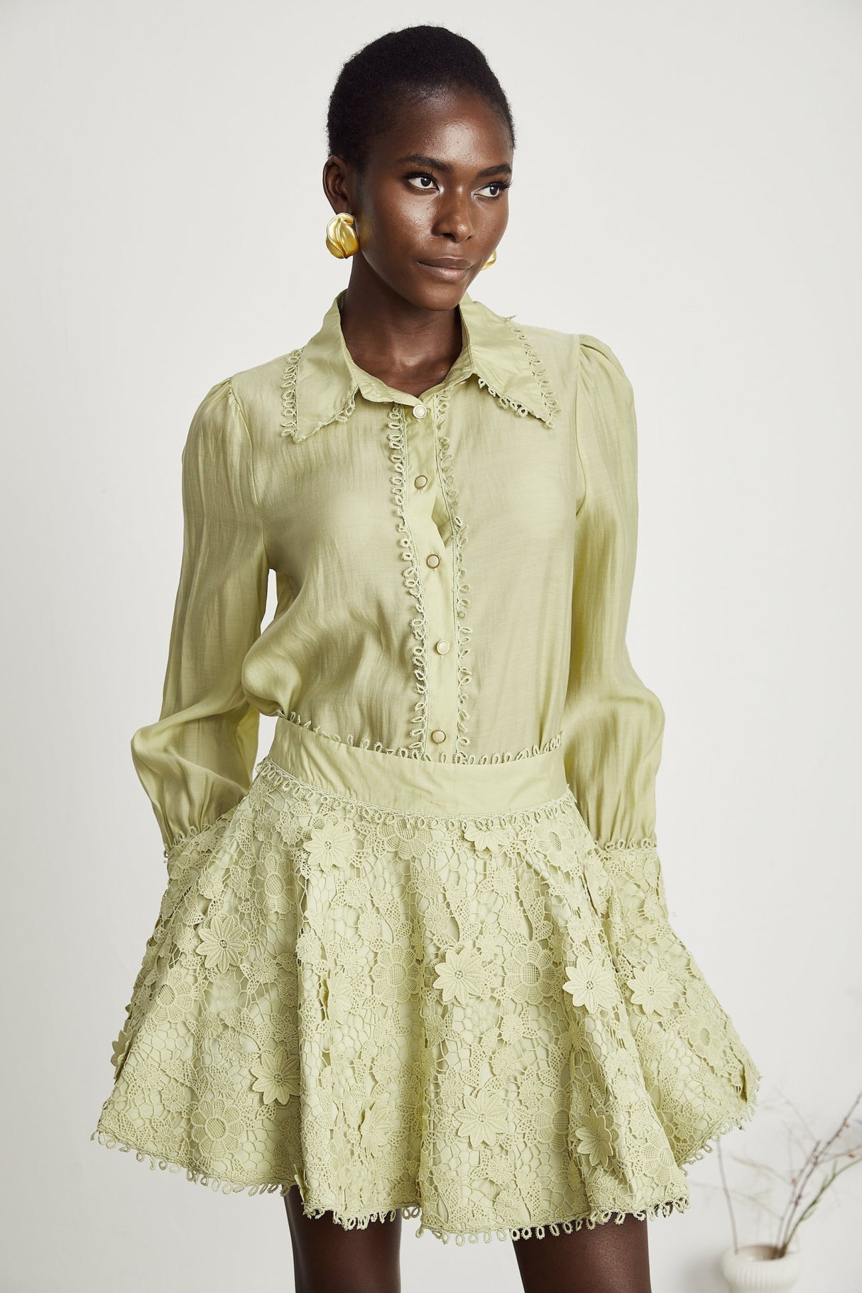 Kaitlin Shirt & Skirt - Lapels - Long Sleeves - Floral Embroidered - Fringe Trim