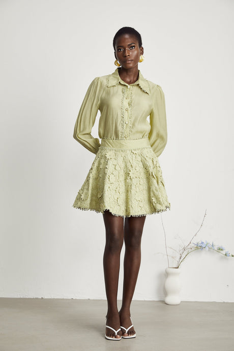 Kaitlin Shirt & Skirt - Lapels - Long Sleeves - Floral Embroidered - Fringe Trim