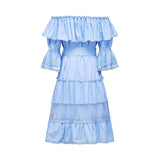 Kaitlyn Midi Dress Blue Off Shoulder Flounce Bow Tie Ruffle Lace Tiered