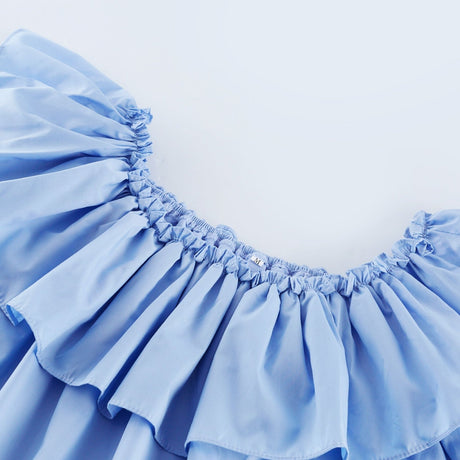 Kaitlyn Midi Dress Blue Off Shoulder Flounce Bow Tie Ruffle Lace Tiered