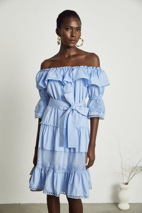Kaitlyn Midi Dress Blue Off Shoulder Flounce Bow Tie Ruffle Lace Tiered