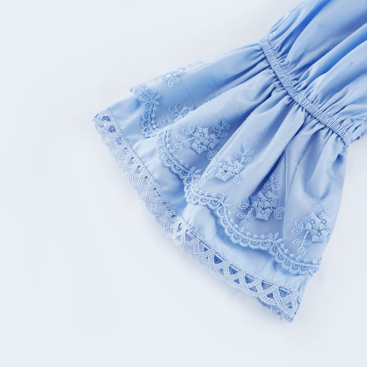 Kaitlyn Midi Dress Blue Off Shoulder Flounce Bow Tie Ruffle Lace Tiered