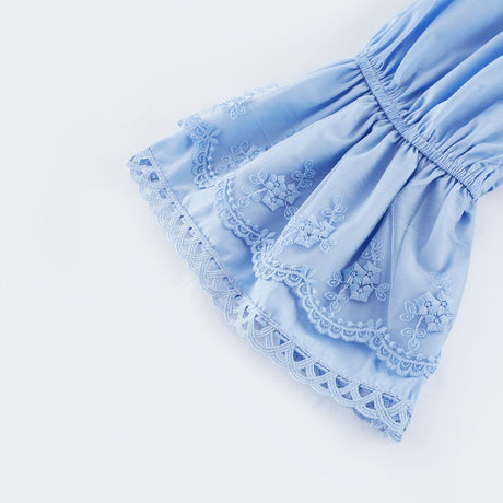 Kaitlyn Midi Dress Blue Off Shoulder Flounce Bow Tie Ruffle Lace Tiered