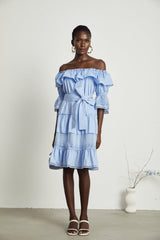 Kaitlyn Midi Dress Blue Off Shoulder Flounce Bow Tie Ruffle Lace Tiered