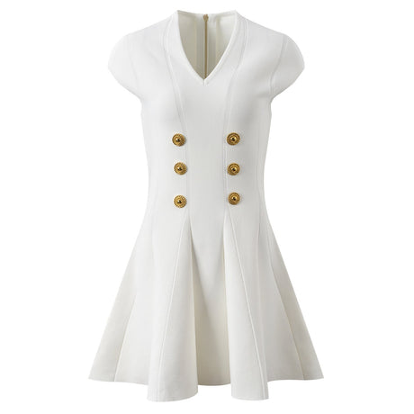 Kali Dress - Flattering Fit - and - Flare Silhouette - Military - Inspired Design - Slim Bodice With Flared Skirt - Gold - Tone Buttons