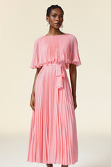 Kali Pink Pleated Dress with Ruffle Details and Belt