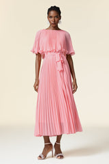Kali Pink Pleated Dress with Ruffle Details and Cinched Waist