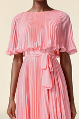 Kali Pink Pleated Evening Dress with Ruffle Details and Cinched Waist