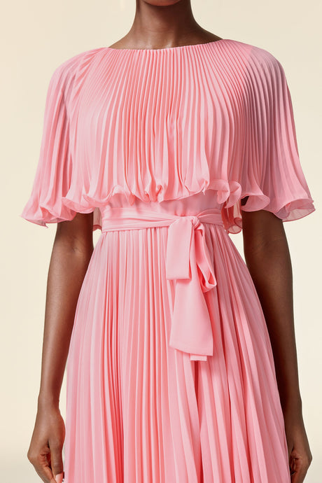 Kali Pink Pleated Evening Dress with Ruffle Details and Cinched Waist