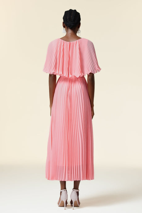 Kali Pink Pleated Maxi Dress with Ruffle Details and Cinched Waist
