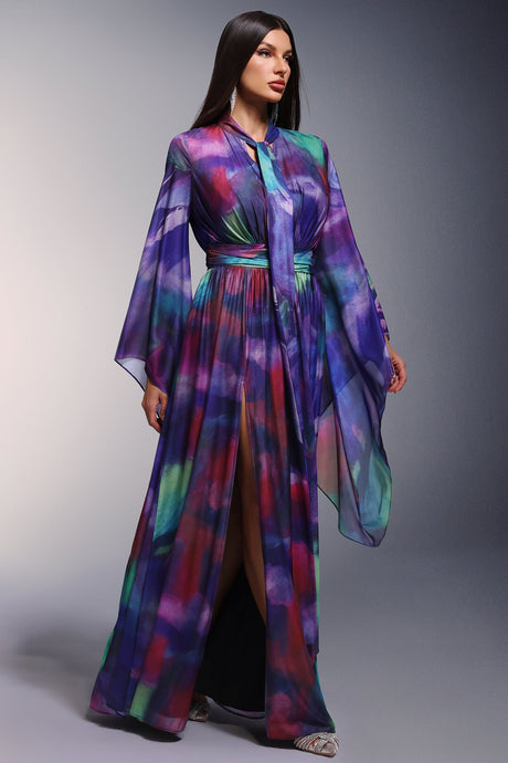 Kali Purple Maxi Dress Elegant Flowing Silhouette Long Sleeves Deep V-Neckline Mesmerizing Colors Comfortable Versatile Style Formal Gatherings