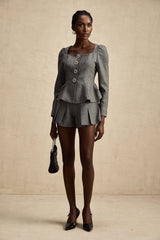 Kali Top & Shorts Set - Herringbone Pattern - Puff Sleeves - Peplum Waist - Embellished Buttons