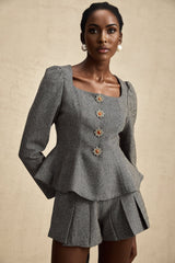 Kali Top & Shorts Set - Herringbone Pattern - Puff Sleeves - Peplum Waist - Embellished Buttons