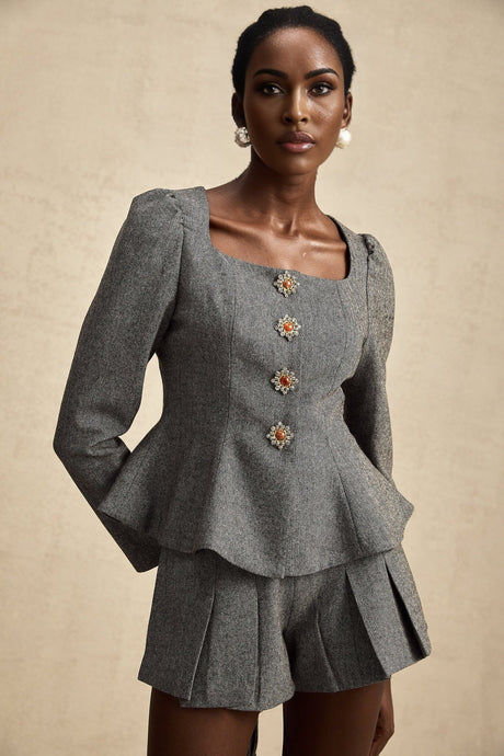 Kali Top & Shorts Set - Herringbone Pattern - Puff Sleeves - Peplum Waist - Embellished Buttons
