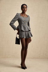 Kali Top & Shorts Set - Herringbone Pattern - Puff Sleeves - Peplum Waist - Embellished Buttons
