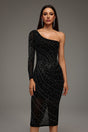 Kamila Black Diamond Accent One Shoulder Midi Dress