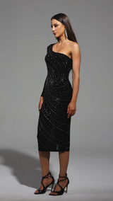 Kamila Black Diamond Accent One Shoulder Midi Dress