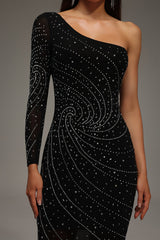 Kamila Black Diamond Accent One Shoulder Midi Dress