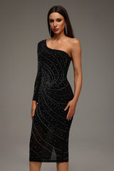 Kamila Black Diamond Accent One Shoulder Midi Dress