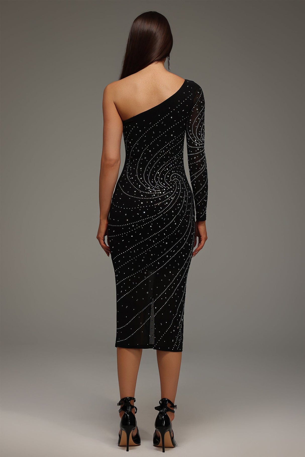 Kamila Black Diamond Detail One Shoulder Midi Dress
